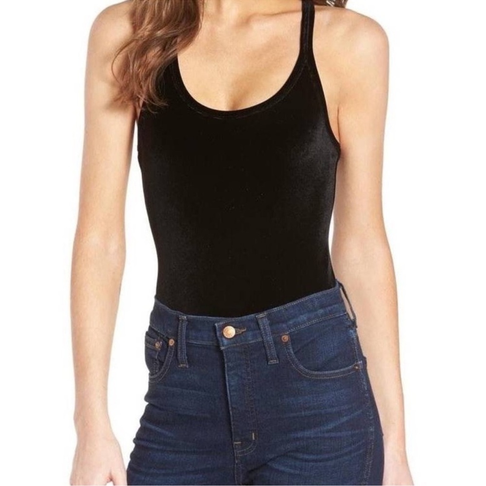 Madewell Velvet Bodysuit Black Racerback Sleeveless Stretch Minimalist Chic